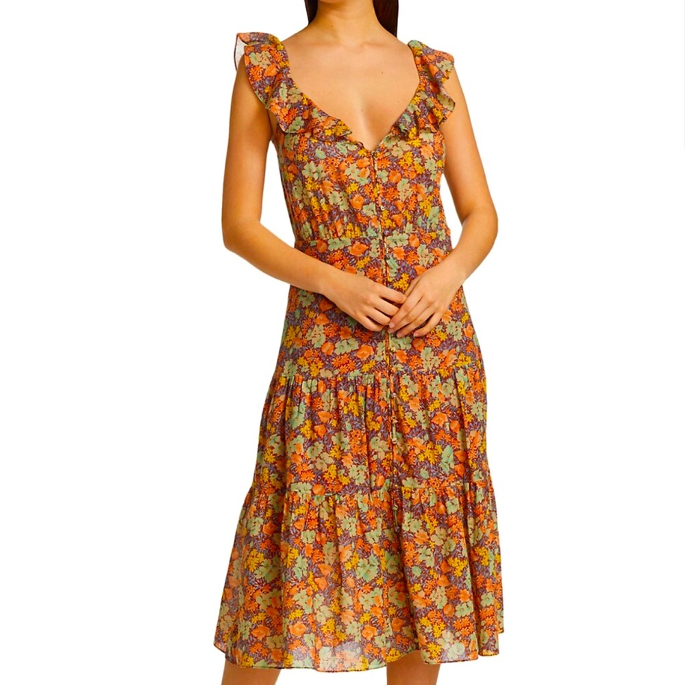 veronica beard sleeveless Malgosia Floral-Print Button-Front Ruffle Midi Dress